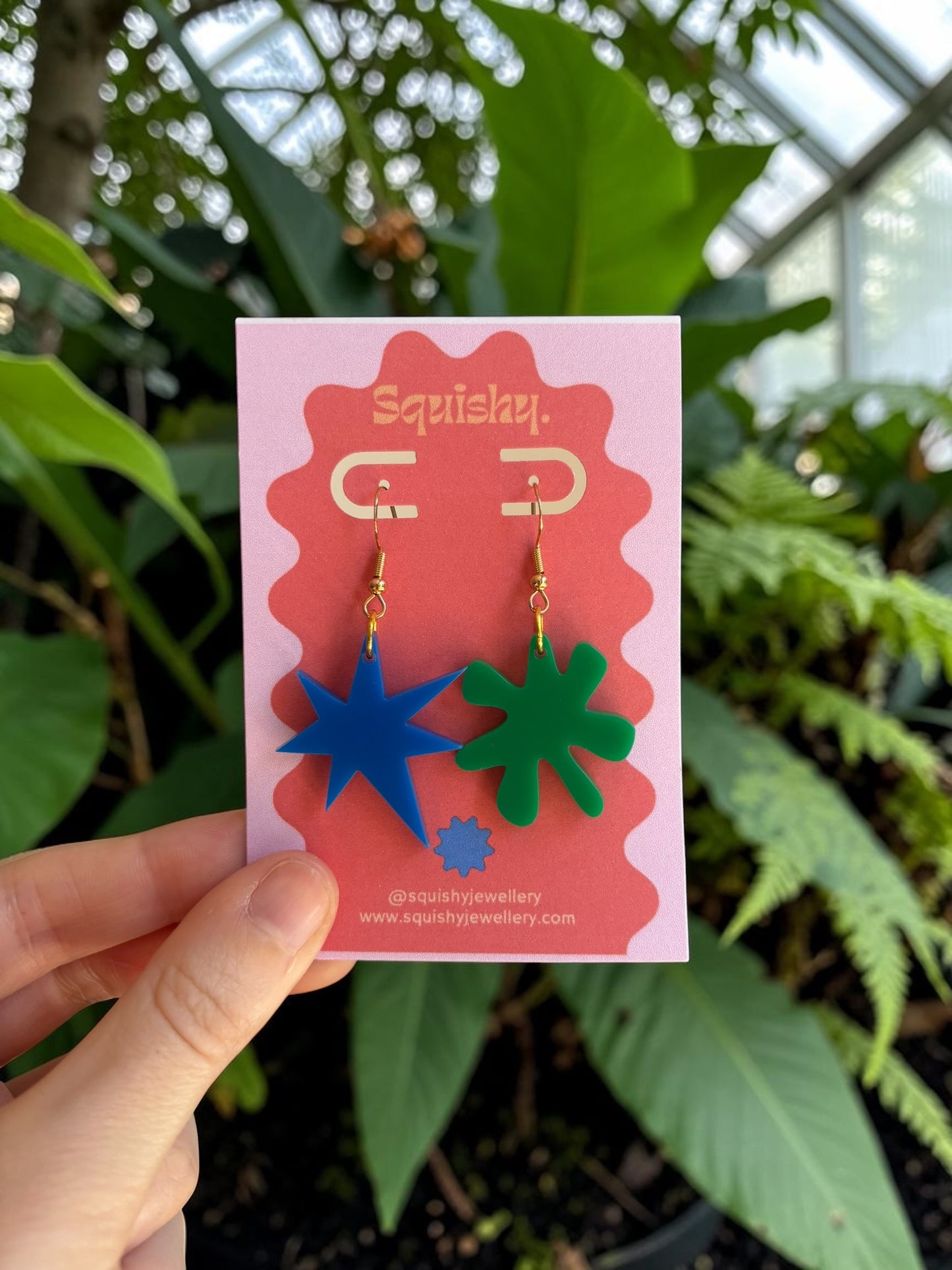 Blue and Green Kiki & Bouba Earrings – Abstract Art Statement Jewellery