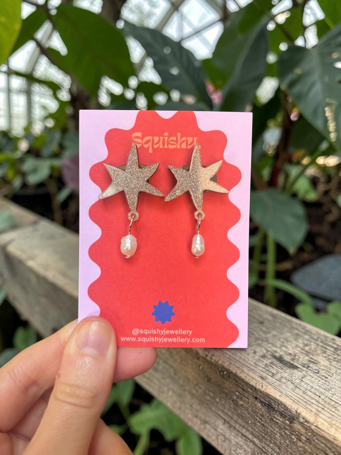 Silver Glitter Abstract Star Pearl Earrings – Modern Art Statement Jewellery