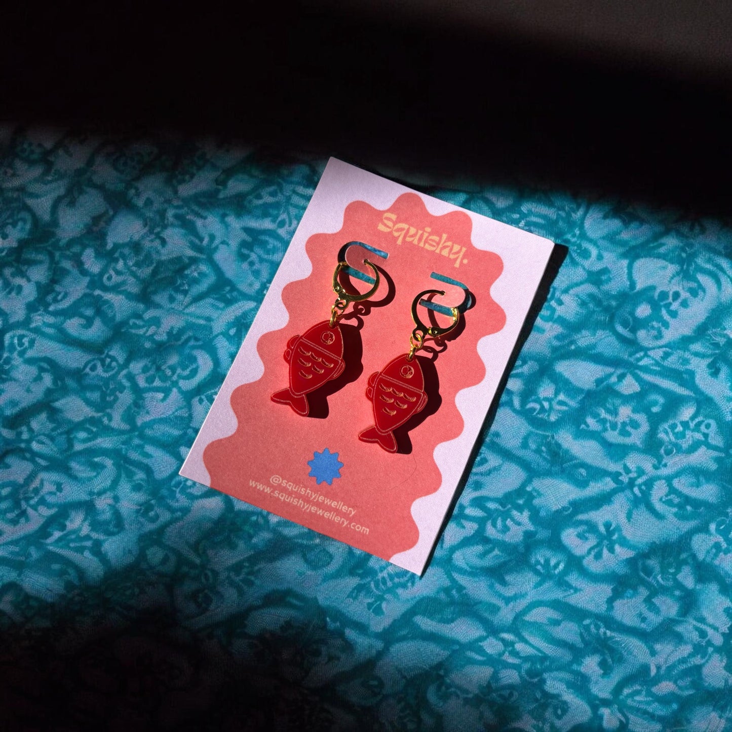 Red Fish Acrylic Earrings on Gold Huggie Hoops