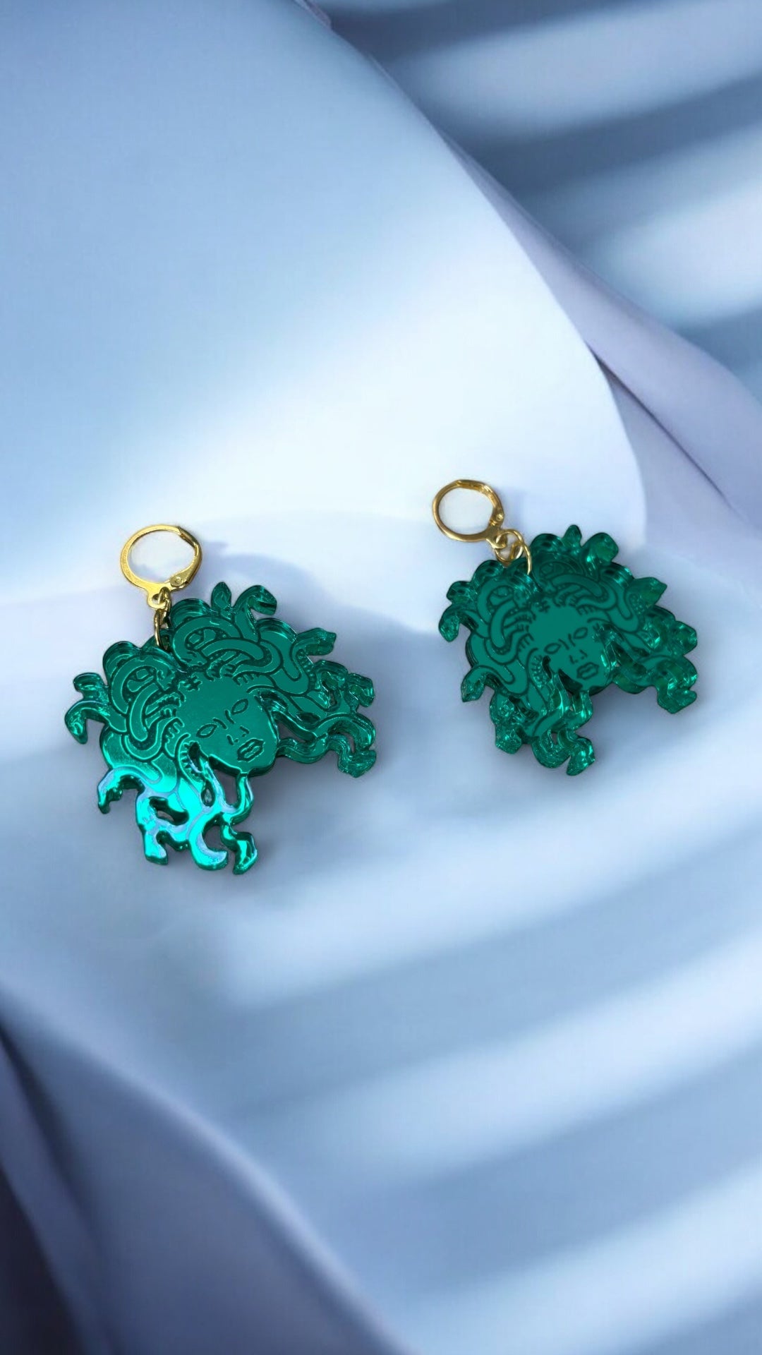 Green Medusa Earrings Mirrored Acrylic Medusa Head Hoops Mythic Statement Jewellery Goth Alt Fashion Ancient Greece, Classics Witchy Costume