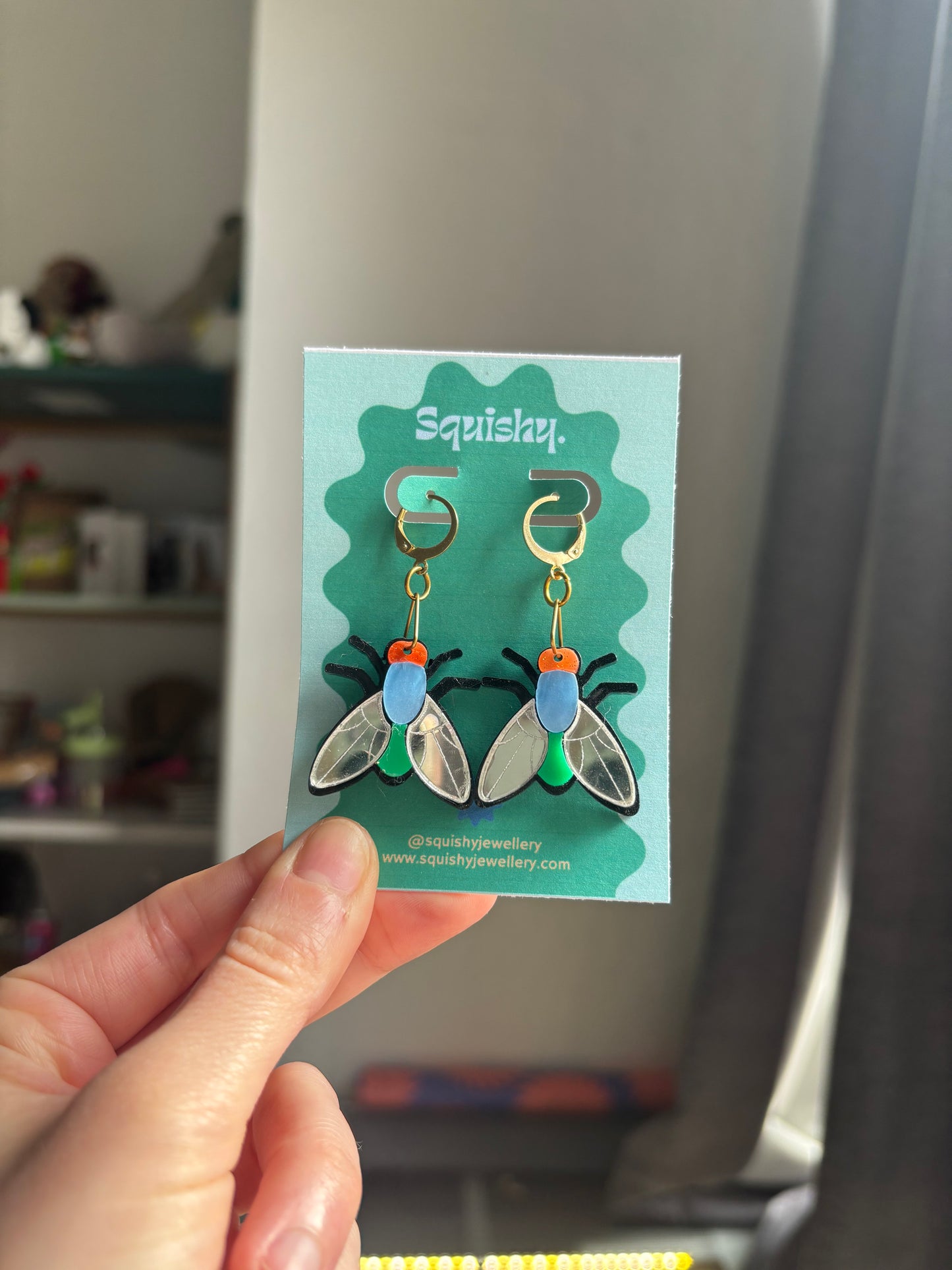 Multicolor Silver Acrylic Fly Earrings: Whimsigoth Bug Statement Huggie Hoops Gifts for Nerds Medium Size