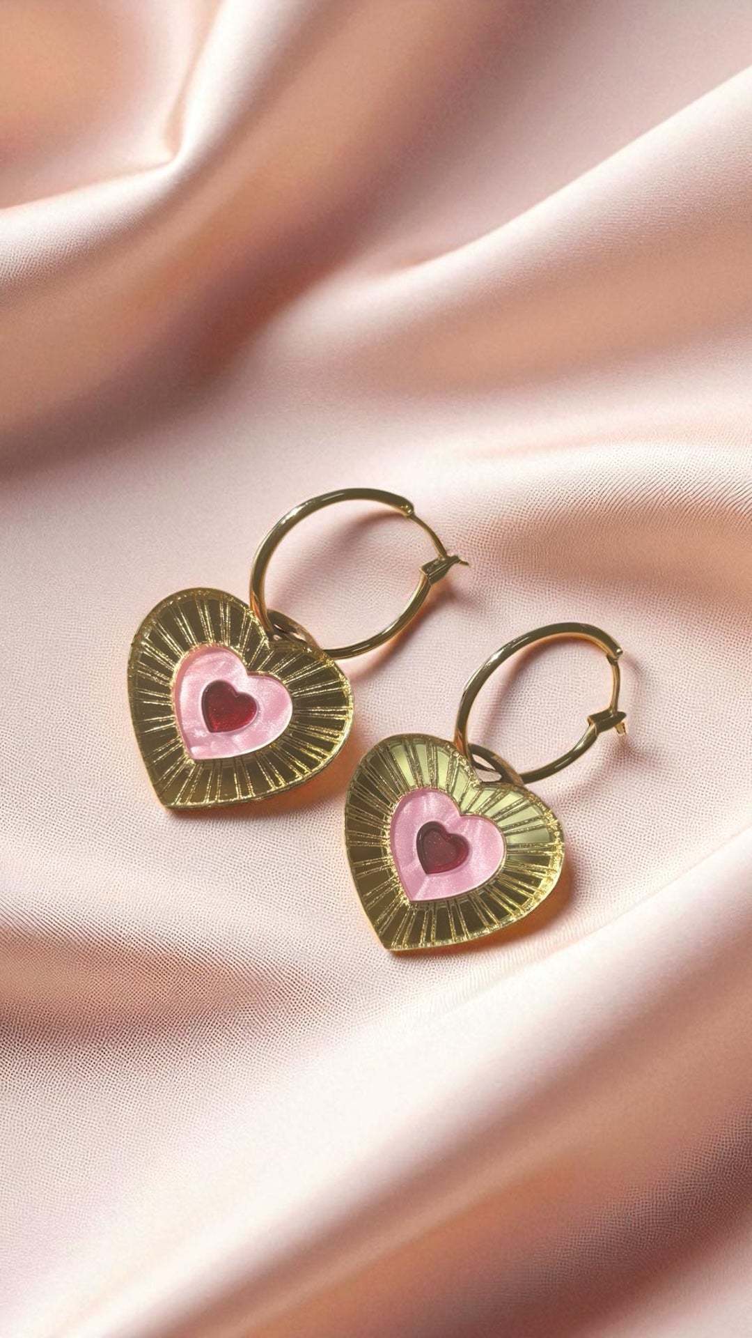 Pink, Gold and Red Heart Hoop Earrings – Acrylic Statement Maximalism Cottagecore Kawaii Celestial Alt Gift Jewellery Red Centre