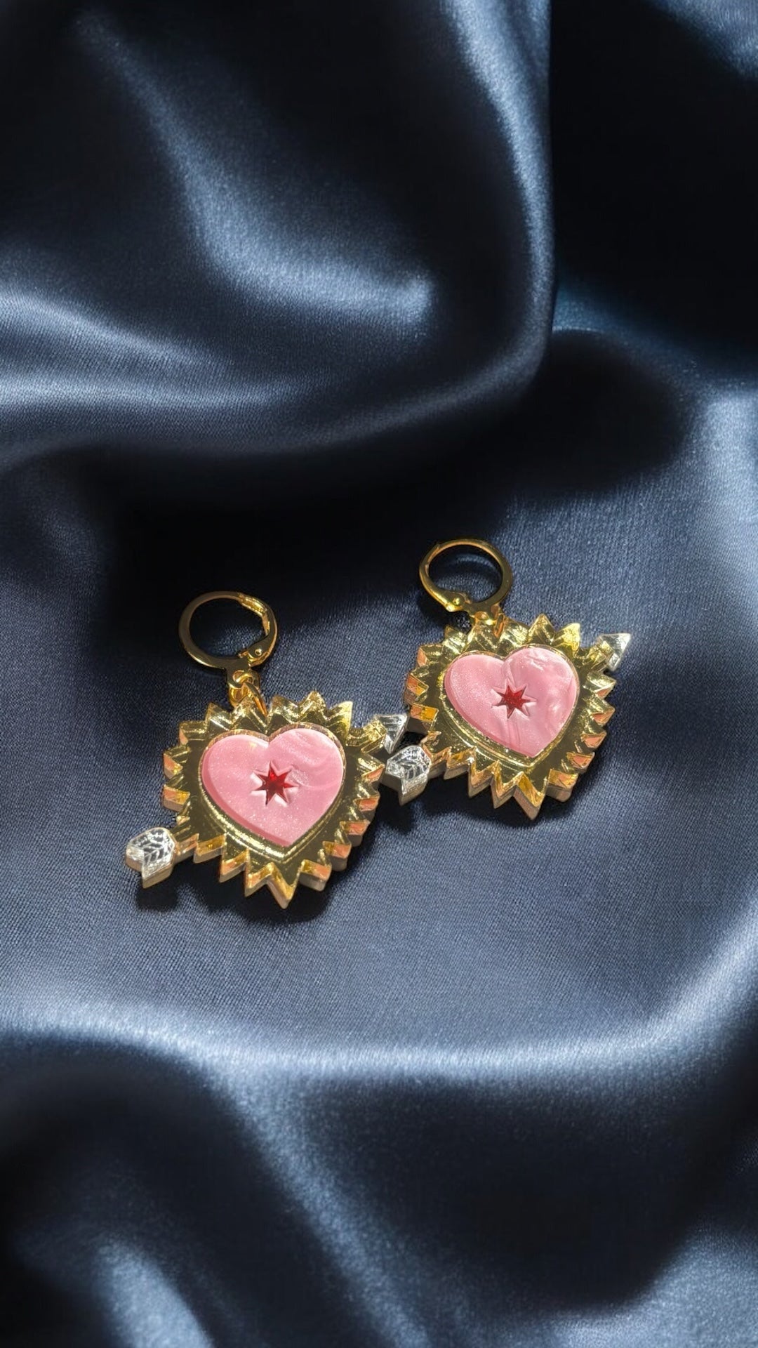 Pink Sacred Heart Earrings β Gold-Plated Huggie Hoops with Arrow Detail