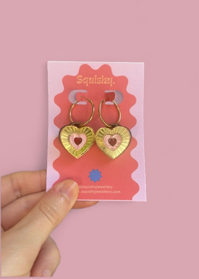 Pink, Gold and Red Heart Hoop Earrings – Acrylic Statement Maximalism Cottagecore Kawaii Celestial Alt Gift Jewellery Red Centre