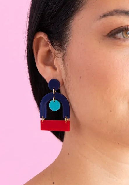 Vintage Bauhaus Inspired Navy, Blue & Red Mid-Century Vintage Retro 50s 60s Minimalist Scandinavian Statement Abstract Acrylic Earrings
