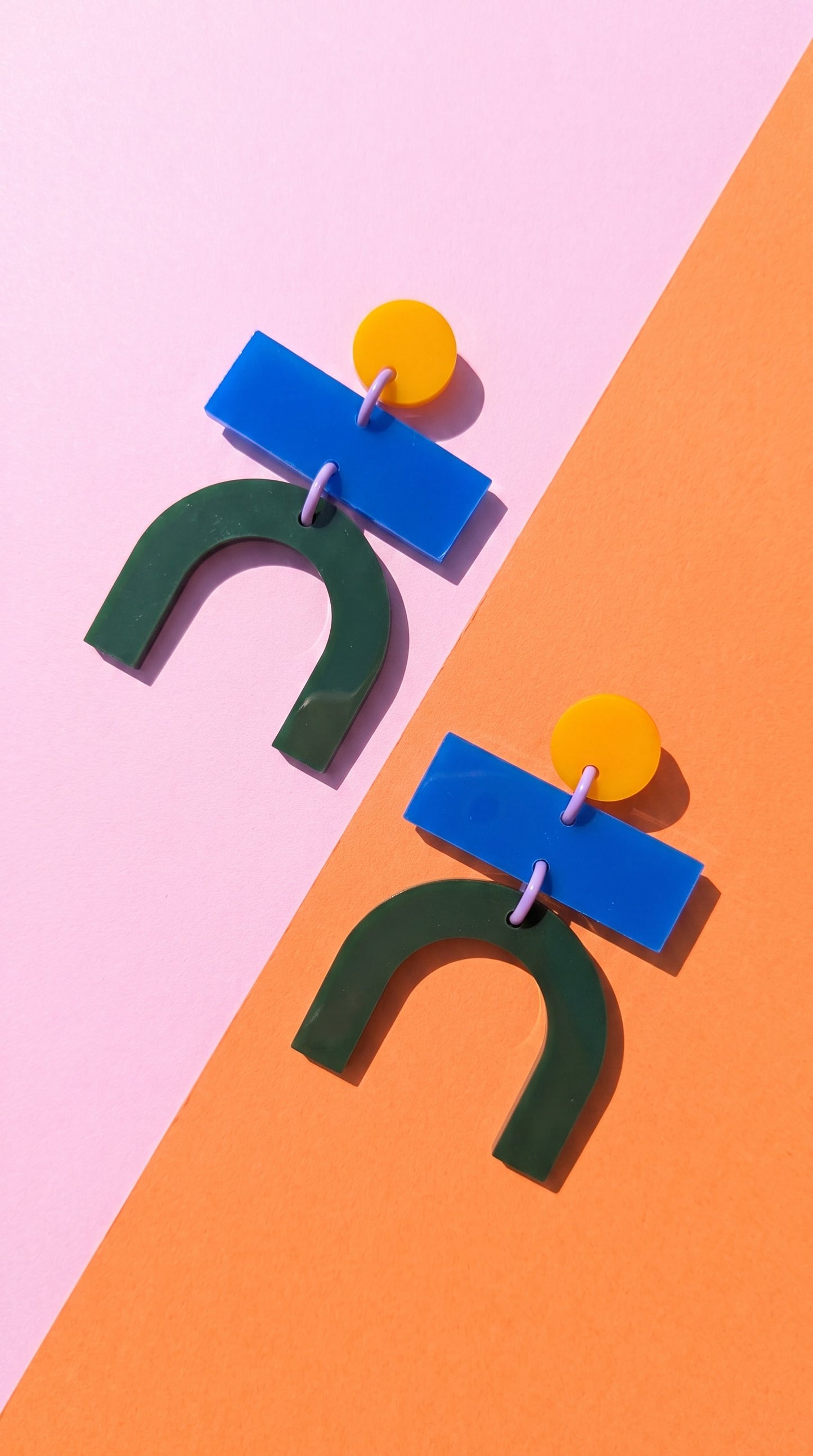 Bauhaus Statement Earrings | Blue, Yellow & Green Geometric Wearable Art