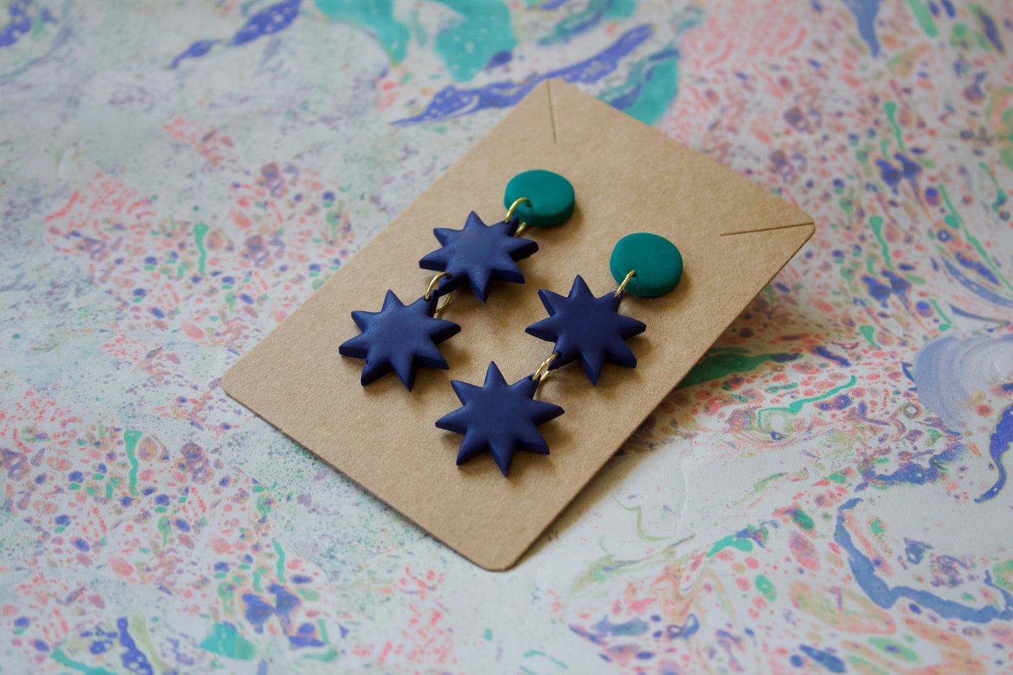 Navy & Emerald Geometric Star Earrings Handmade Polymer Clay Jewellery | Statement Alt Earrings for Art Girls, Indie Style, Grunge, Gothcore