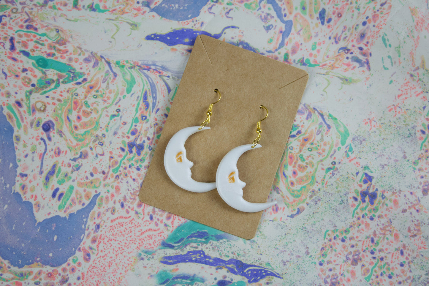 Crescent Moon Face Polymer Clay Earrings Vintage Celestial Handmade Jewellery, 90s Y2K Melancholic Artsy Folk Goth Dreamy Alt Gifts For Her