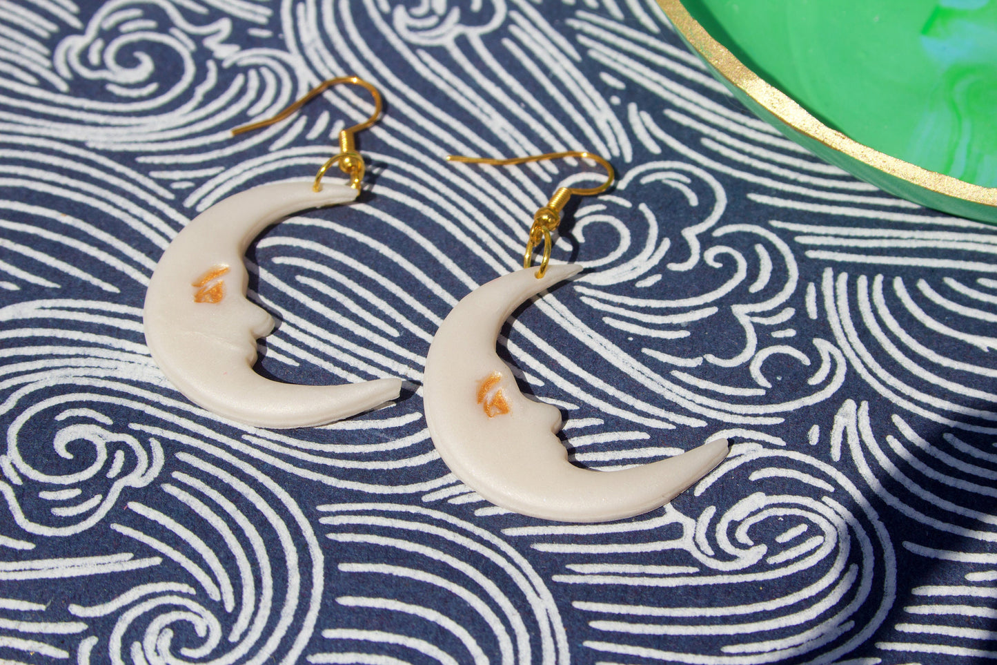 Crescent Moon Face Polymer Clay Earrings Vintage Celestial Handmade Jewellery, 90s Y2K Melancholic Artsy Folk Goth Dreamy Alt Gifts For Her