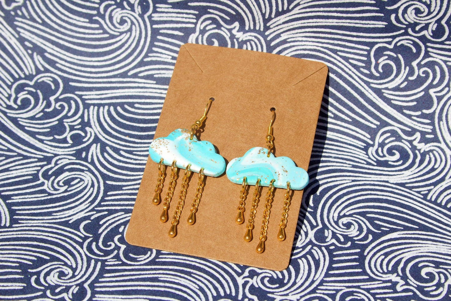 Blue & White Cloudcore Marbled Cloud Earrings Handmade Polymer Clay Dangles Golden Raindrops Whimsical Weather Inspired Jewelry Gift for Her