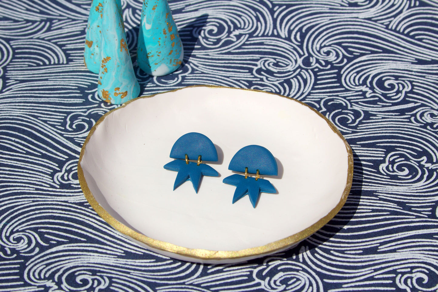 Blue & Gold Matisse Inspired Abstract Star Polymer Clay Star Kitsch Minimalist Stud Artistic Earrings