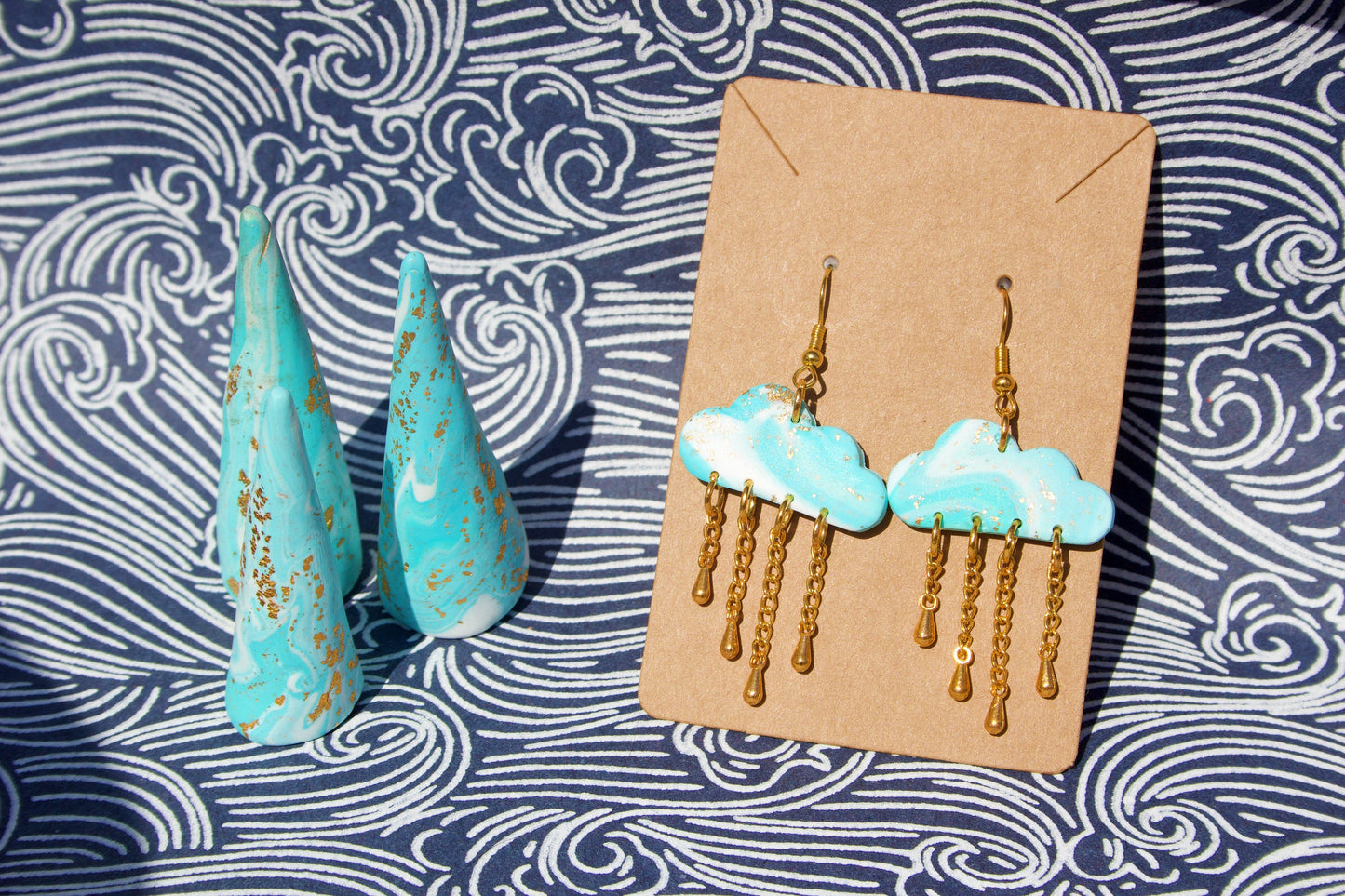 Blue & White Cloudcore Marbled Cloud Earrings Handmade Polymer Clay Dangles Golden Raindrops Whimsical Weather Inspired Jewelry Gift for Her