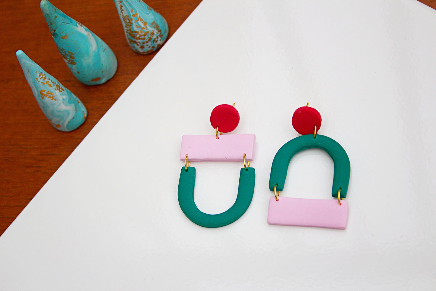 Green, Pink & Red Inverted Mid-Century Modern Bauhaus Mismatched Scandi Statement Geometric Minimalist Vintage Polymer Clay Kitsch Earrings
