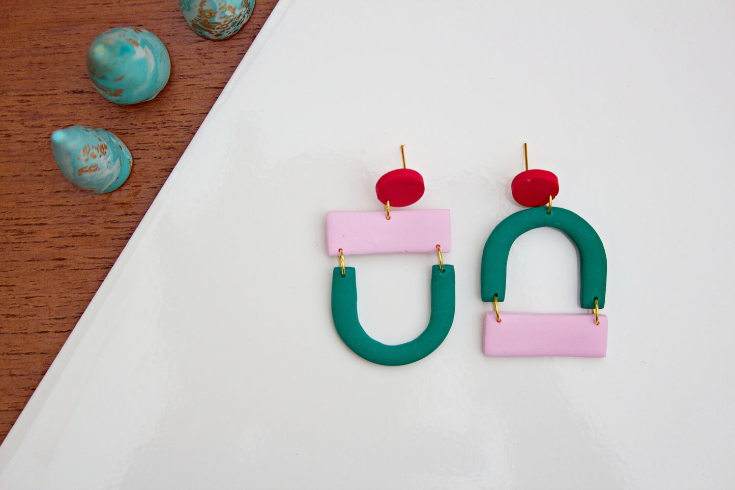 Green, Pink & Red Inverted Mid-Century Modern Bauhaus Mismatched Scandi Statement Geometric Minimalist Vintage Polymer Clay Kitsch Earrings