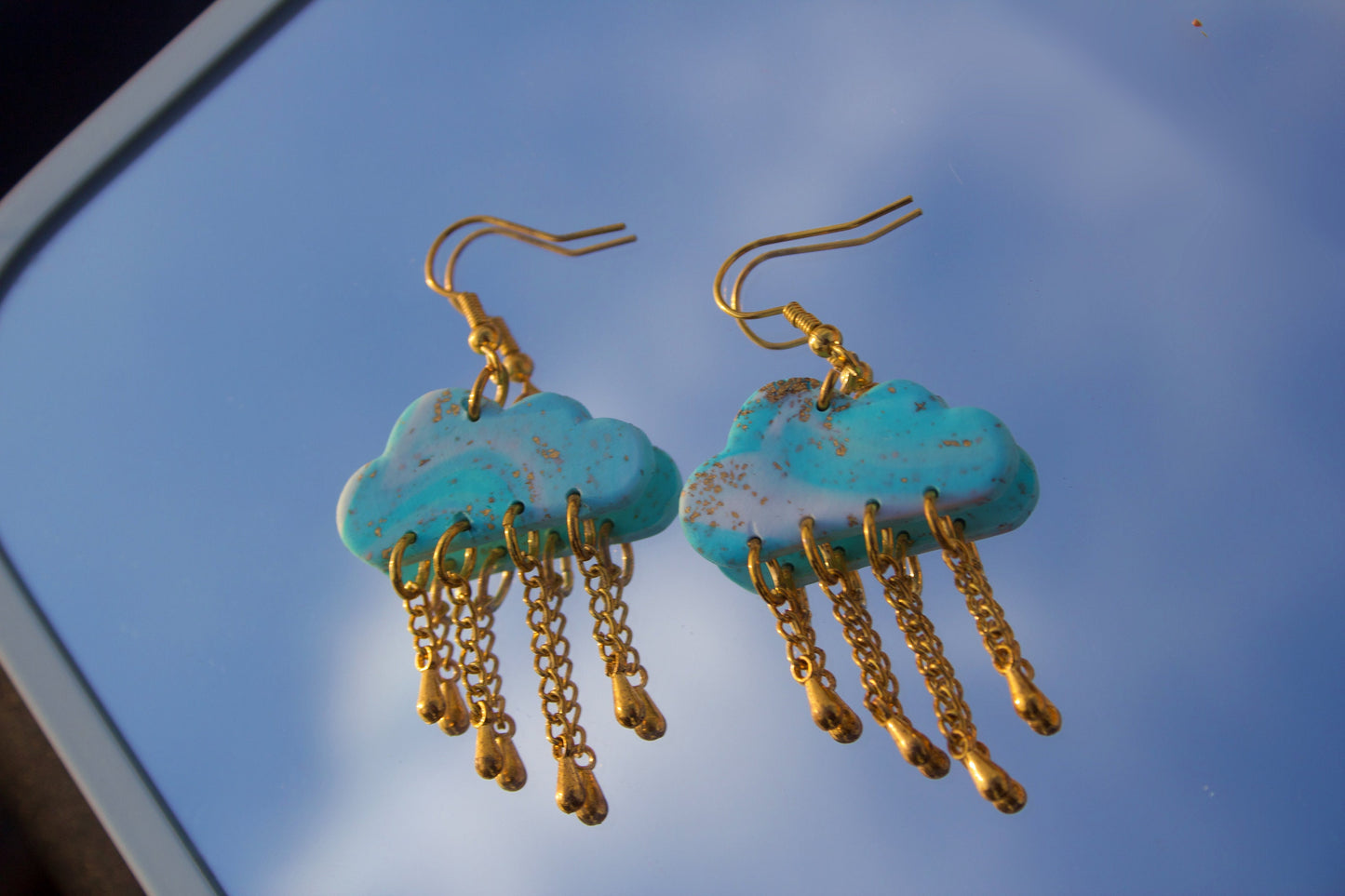 Blue & White Cloudcore Marbled Cloud Earrings Handmade Polymer Clay Dangles Golden Raindrops Whimsical Weather Inspired Jewelry Gift for Her