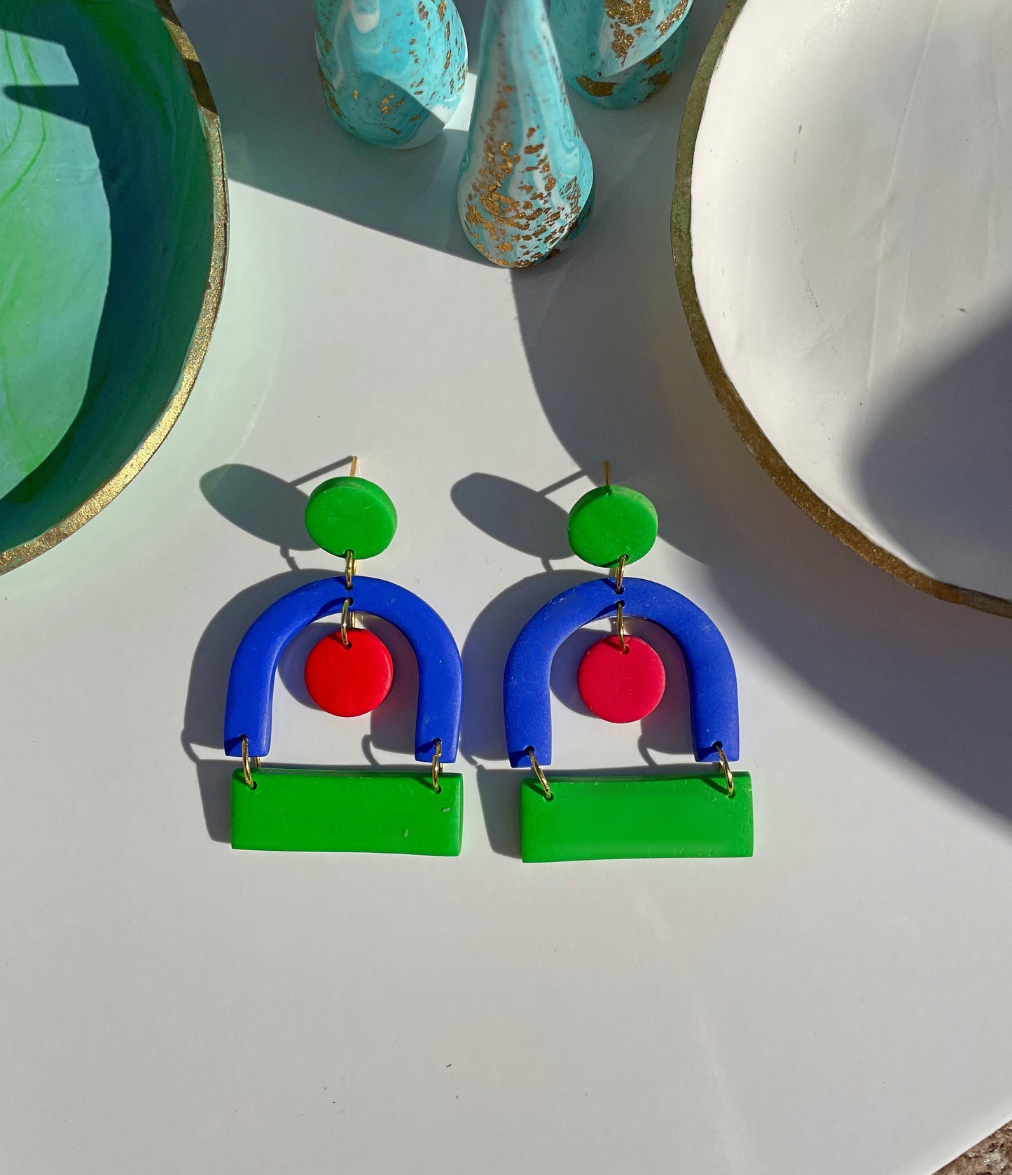 Blue Green & Red Mid-Century Polymer Clay Earrings – Handmade Mod Bauhaus Dangle Jewellery Retro Statement Gift Artistic Kitsch Accessories