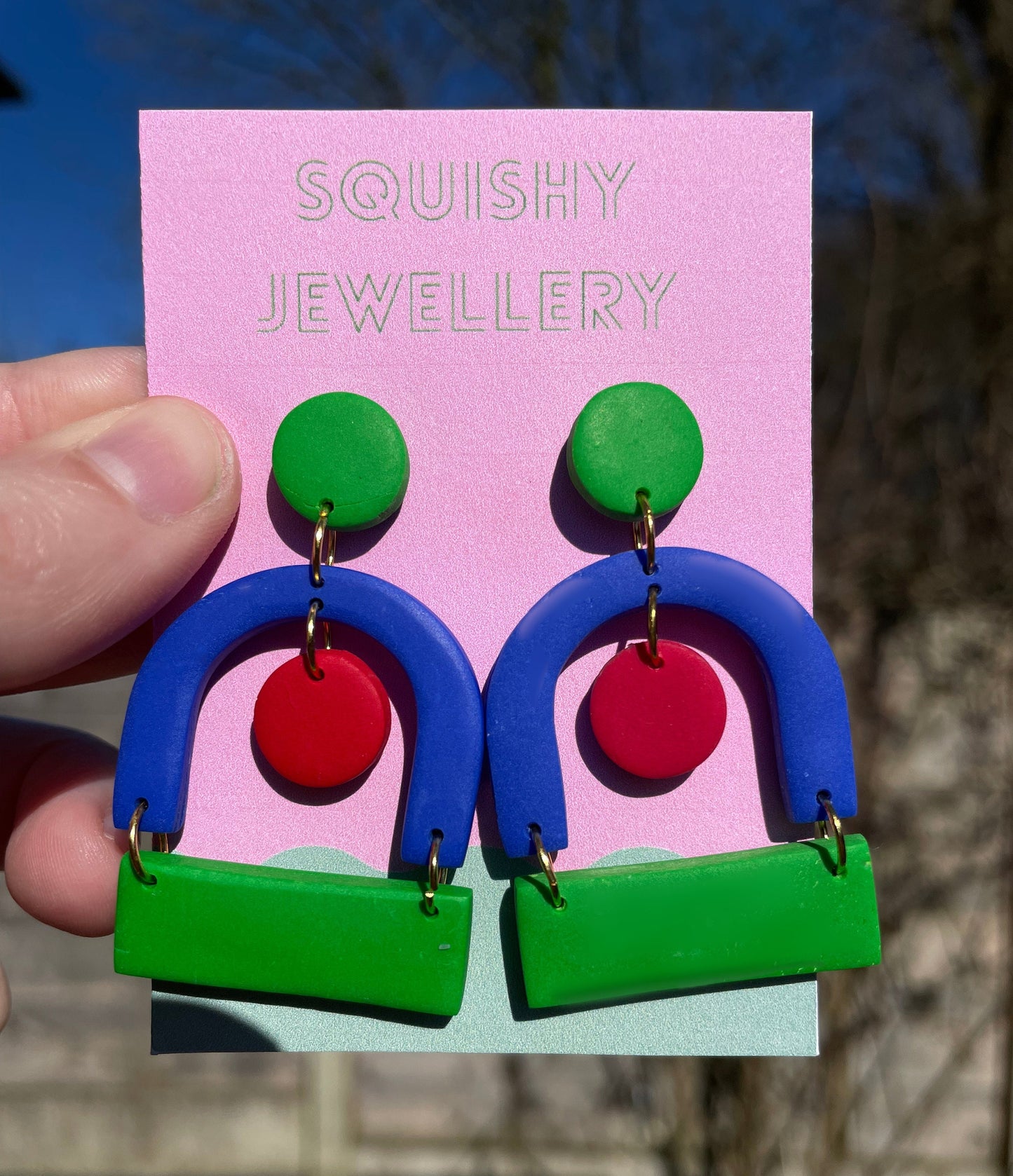 Blue Green & Red Mid-Century Polymer Clay Earrings – Handmade Mod Bauhaus Dangle Jewellery Retro Statement Gift Artistic Kitsch Accessories