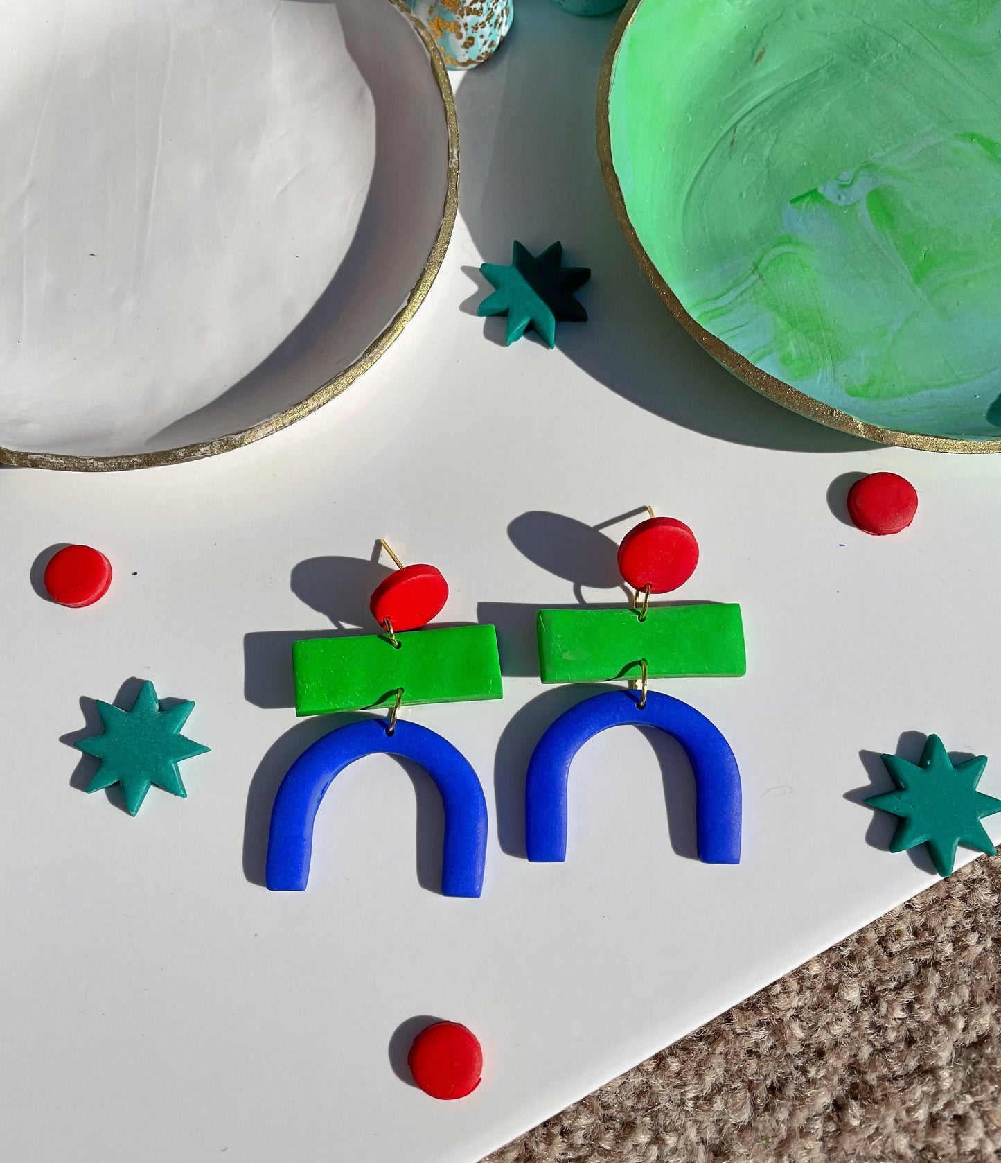 Blue Green Red Memphis Style Statement Earrings β Retro 80s Polymer Clay Jewellery | Bold Abstract Mid-Century Inspired, Artsy Gift for Her