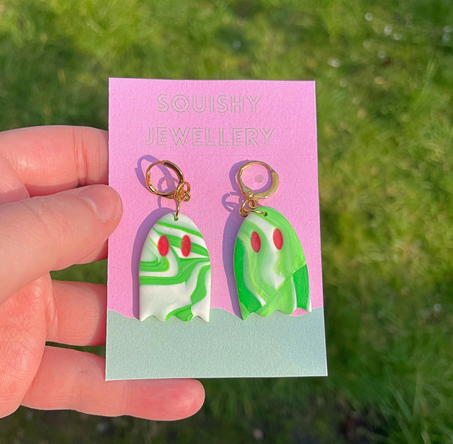 Green & White Marbled Ghost Polymer Clay Phoebe Bridgers Huggie Hoop Kawaii Ghost Cute Ghost Whimsygoth Gift Emo Grunge Alt Goth Earrings