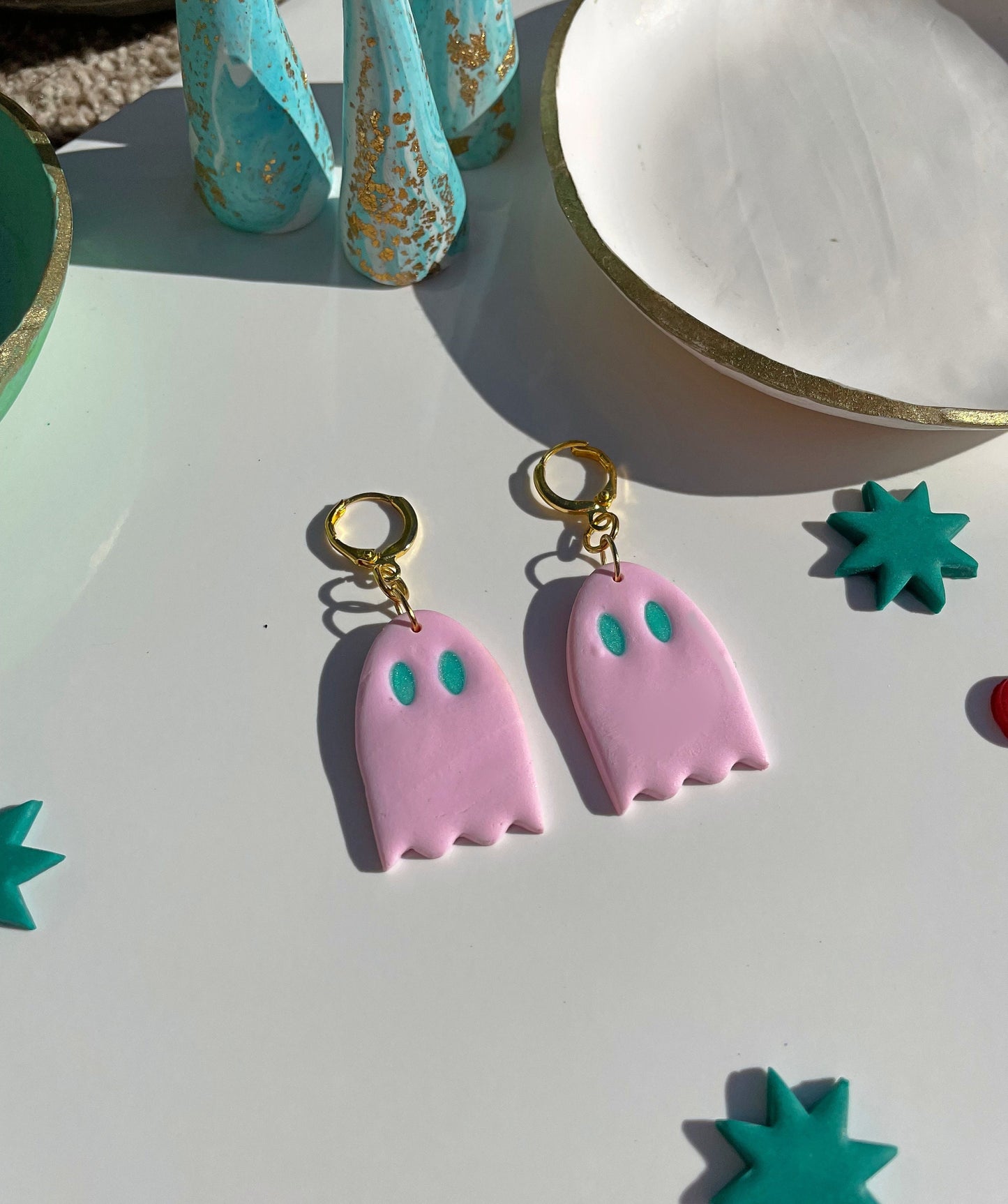 Pink & Green Ghost Polymer Clay Phoebe Bridgers Huggie Hoop Kawaii Ghost Cute Ghost Whimsygoth Gift Emo Grunge Alt Goth Earrings