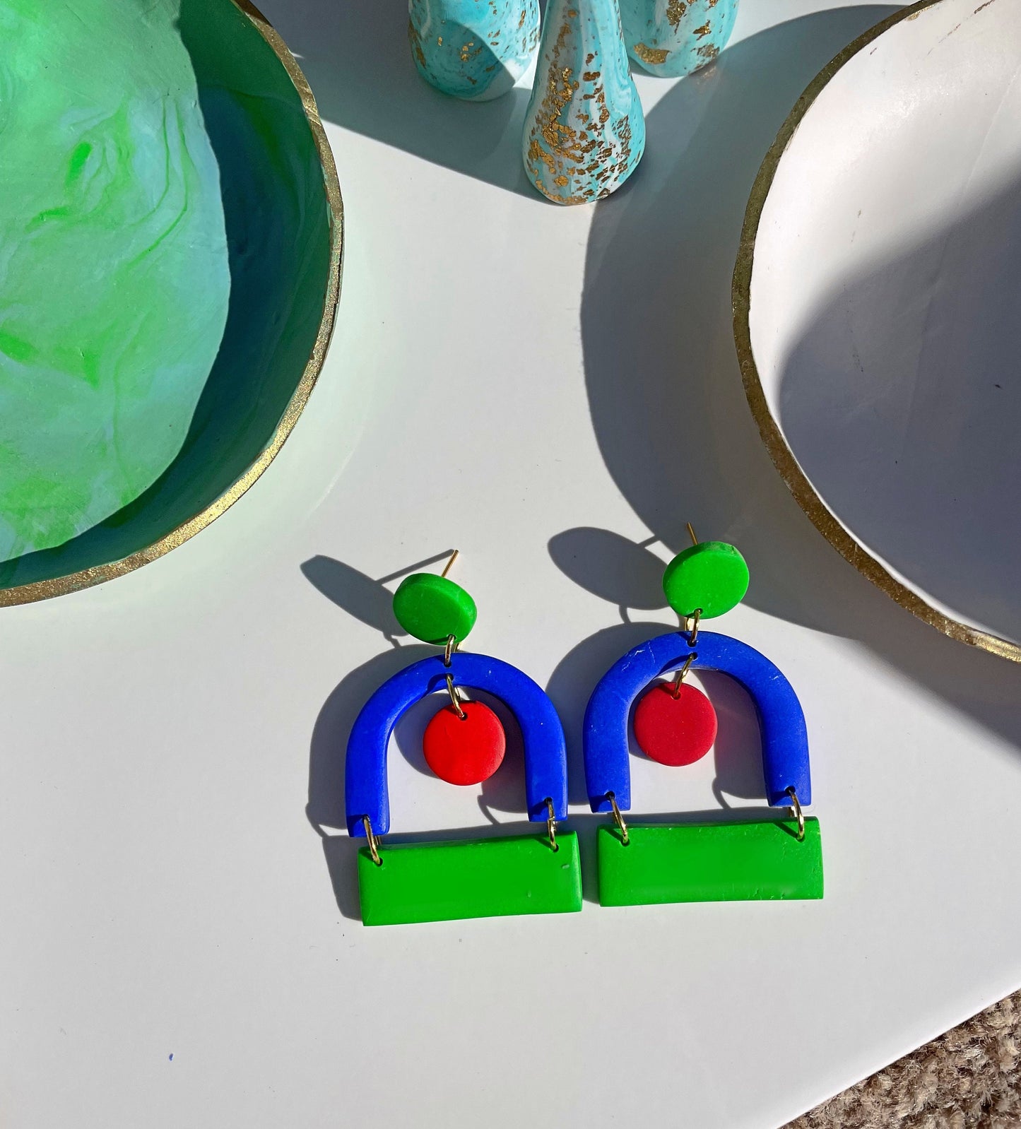 Blue Green & Red Mid-Century Polymer Clay Earrings – Handmade Mod Bauhaus Dangle Jewellery Retro Statement Gift Artistic Kitsch Accessories