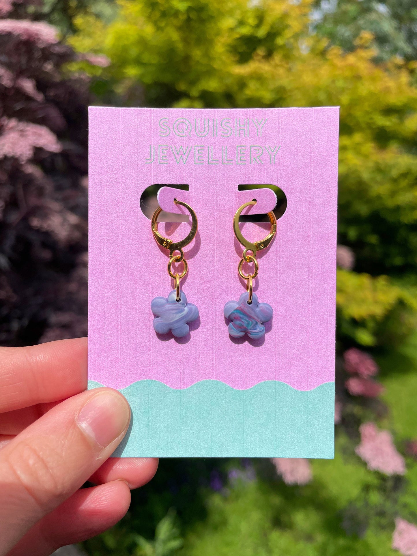 Purple & White Marbled Small Flower Huggie Hoop Polymer Clay Kitsch Earrings