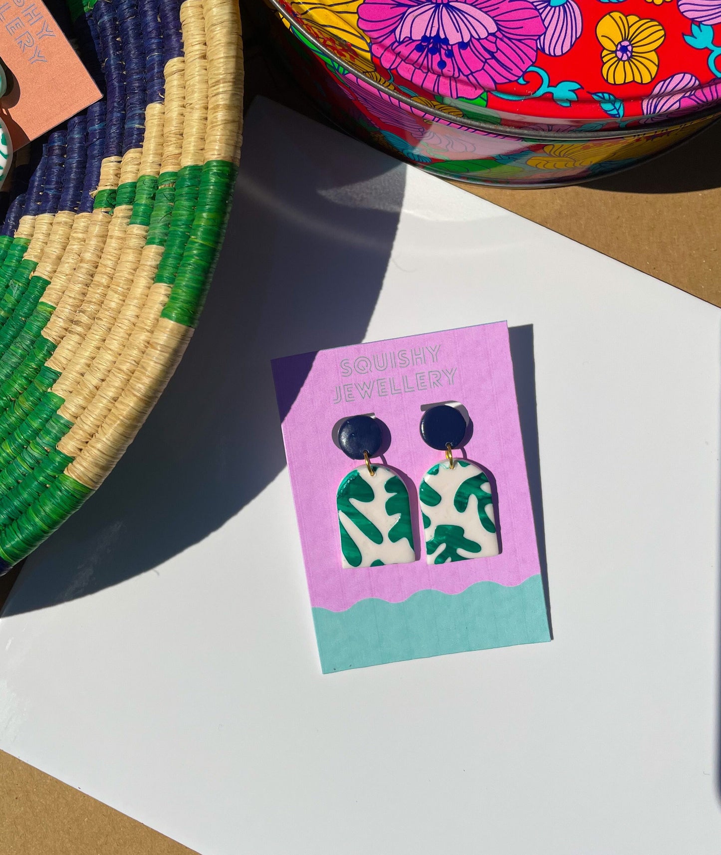 Navy Blue & Green Matisse Inspired Botanical Print Polymer Clay Arch Drop Minimalist Plant Lover Gift For Her Earrings