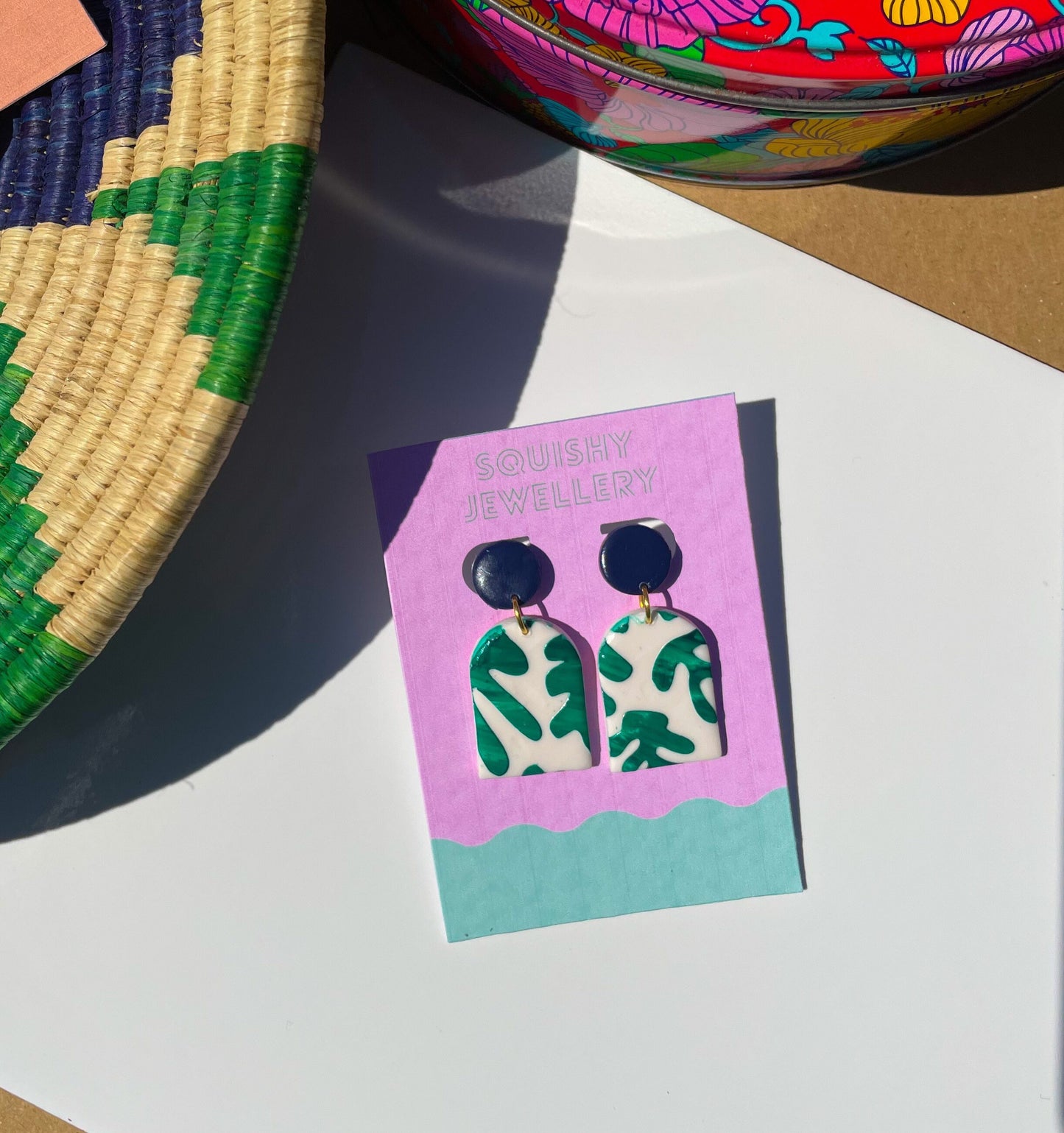 Navy Blue & Green Matisse Inspired Botanical Print Polymer Clay Arch Drop Minimalist Plant Lover Gift For Her Earrings