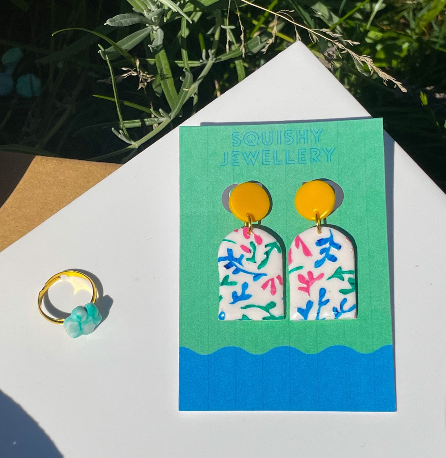 Yellow, Pink, Blue & Green Porcelain China Print Floral Botanical Polymer Clay Arch Drop Earrings