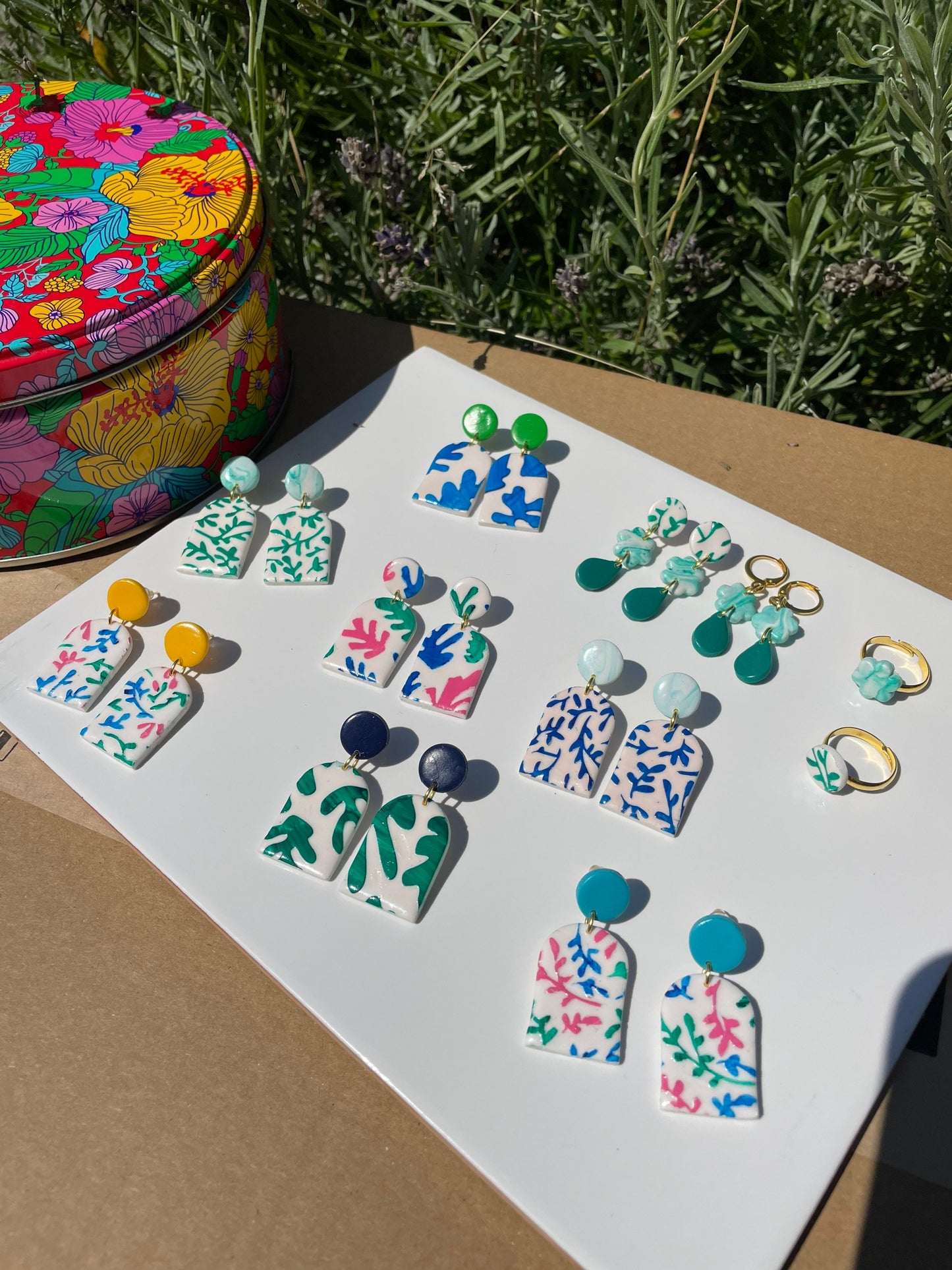 Navy Blue & Green Matisse Inspired Botanical Print Polymer Clay Arch Drop Minimalist Plant Lover Gift For Her Earrings