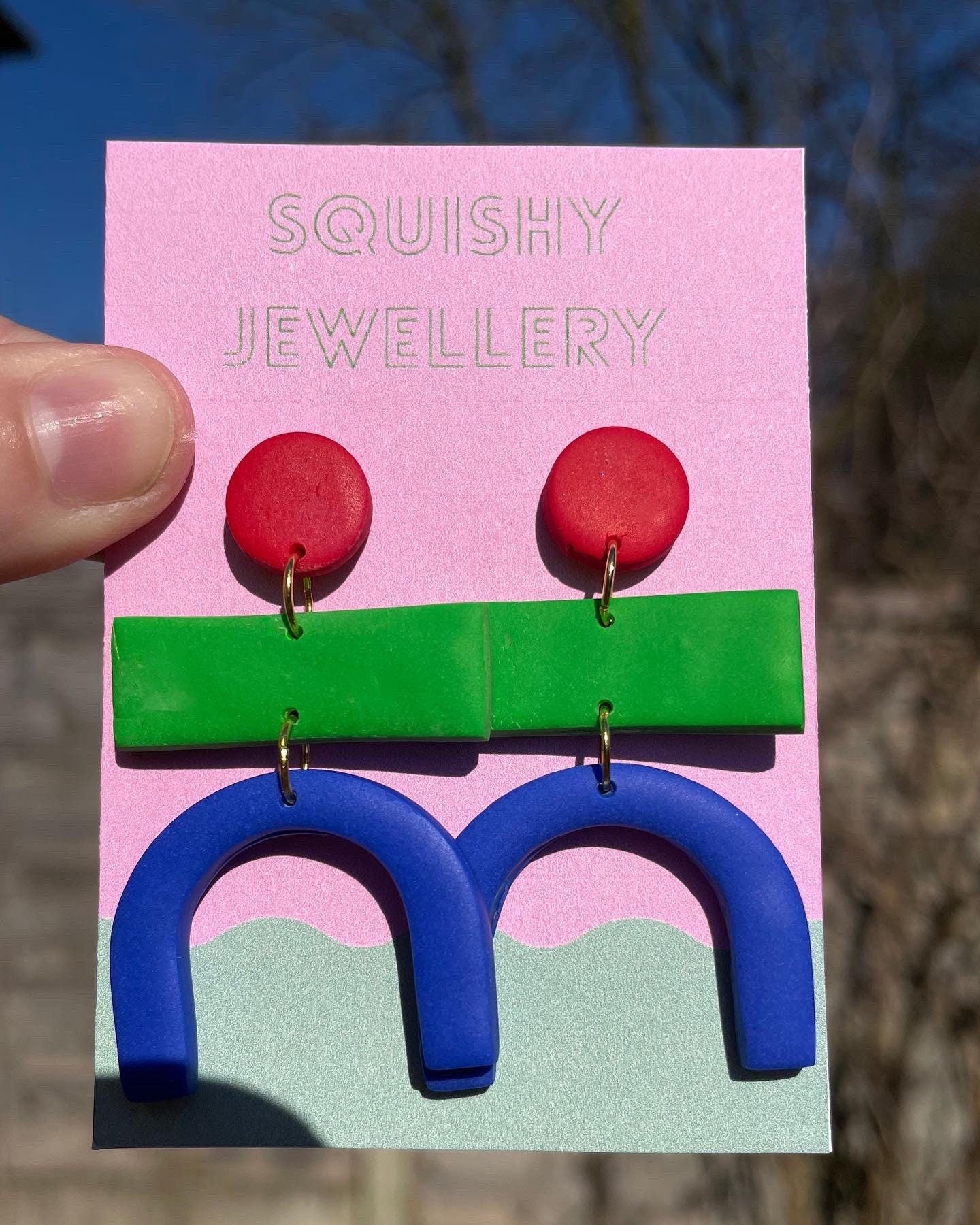 Blue Green Red Memphis Style Statement Earrings β Retro 80s Polymer Clay Jewellery | Bold Abstract Mid-Century Inspired, Artsy Gift for Her