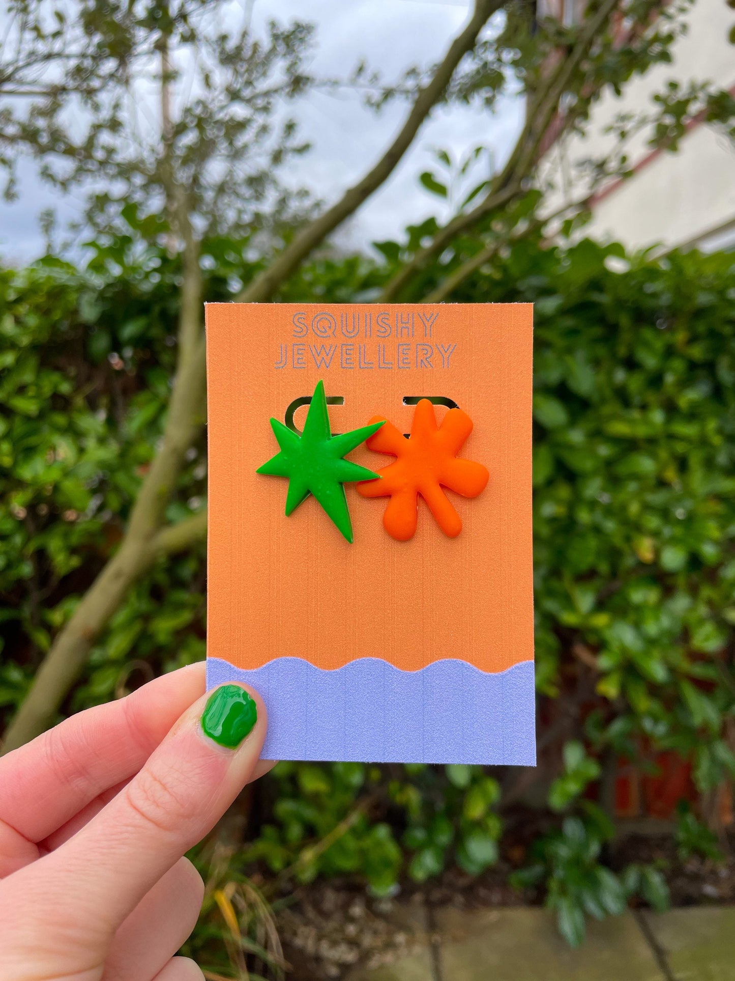 Green and Orange "Kiki & Bouba" Stud Linguist Scientist Academic Abstract Nerdy Memphis Quirky Y2K Kitsch Dopamine Nickelodeon Earrings