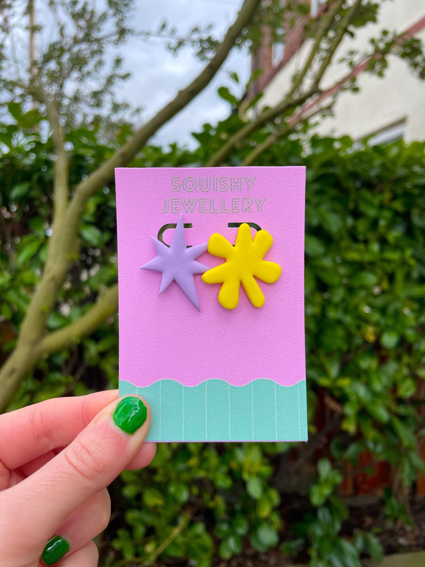 Purple and Yellow "Kiki & Bouba" Stud Linguist Polymer Clay Nerdy Geek Kitsch Feminist Suffragette Abstract Academic Dressing Earrings