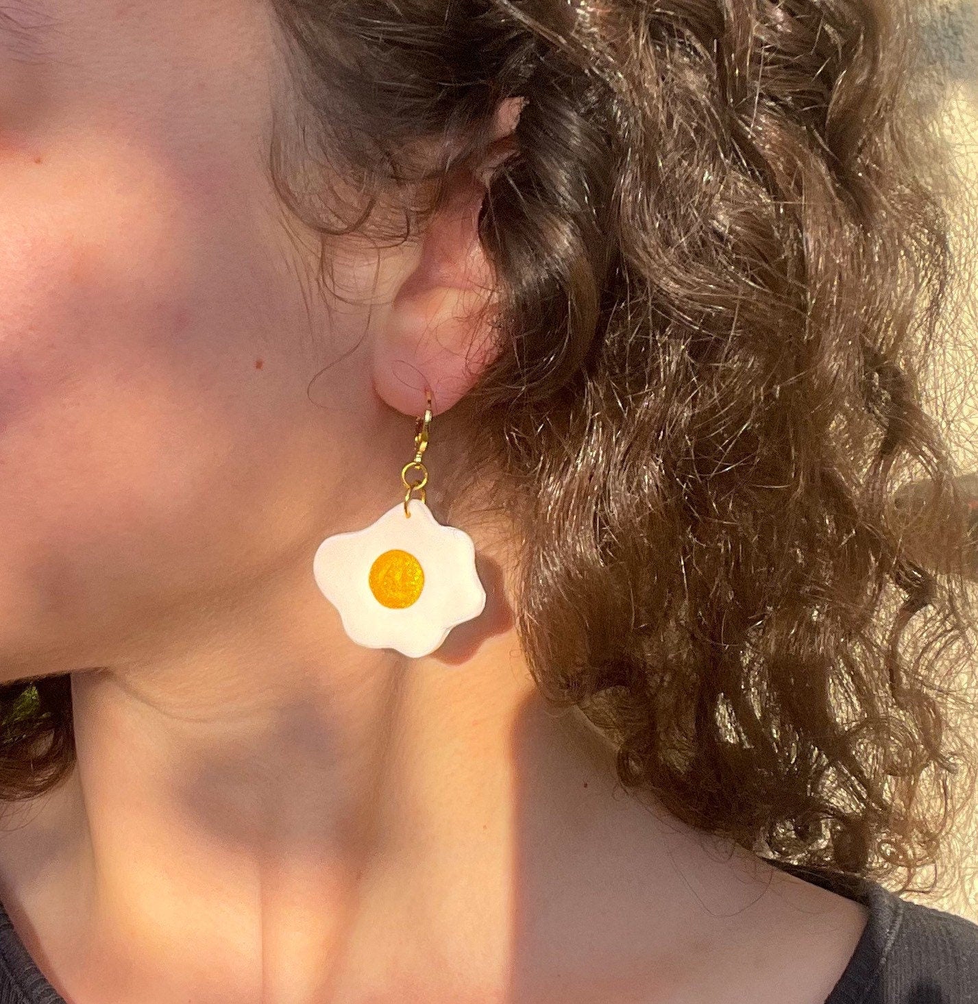 White & Gold Fried Egg Huggie Hoop Kitsch Polymer Clay Earrings