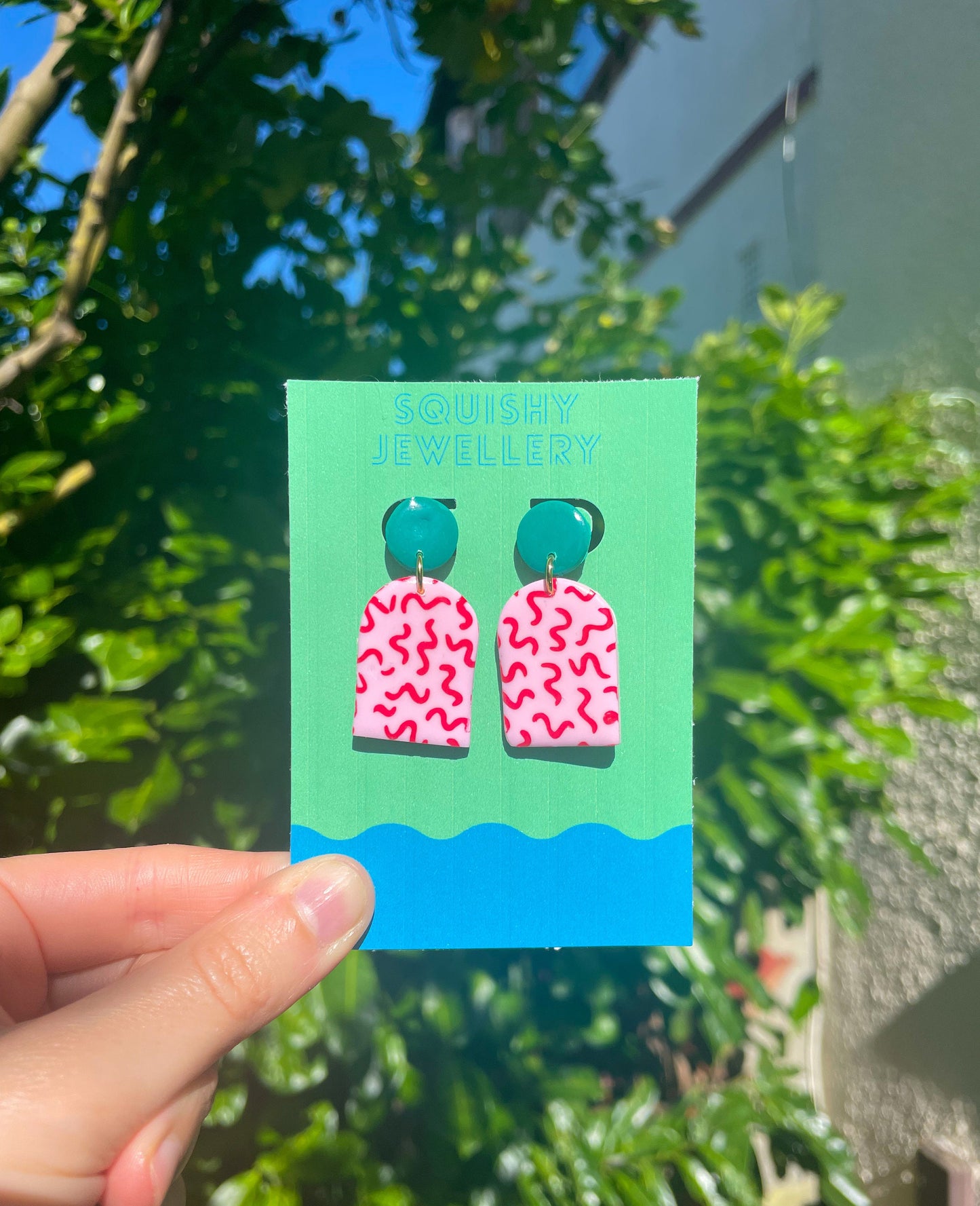 Pink, Red & Green Abstract Modern Squiggle Wiggle Statement 90’s Inspired Retro Print Polymer Clay Arch Drop Earrings