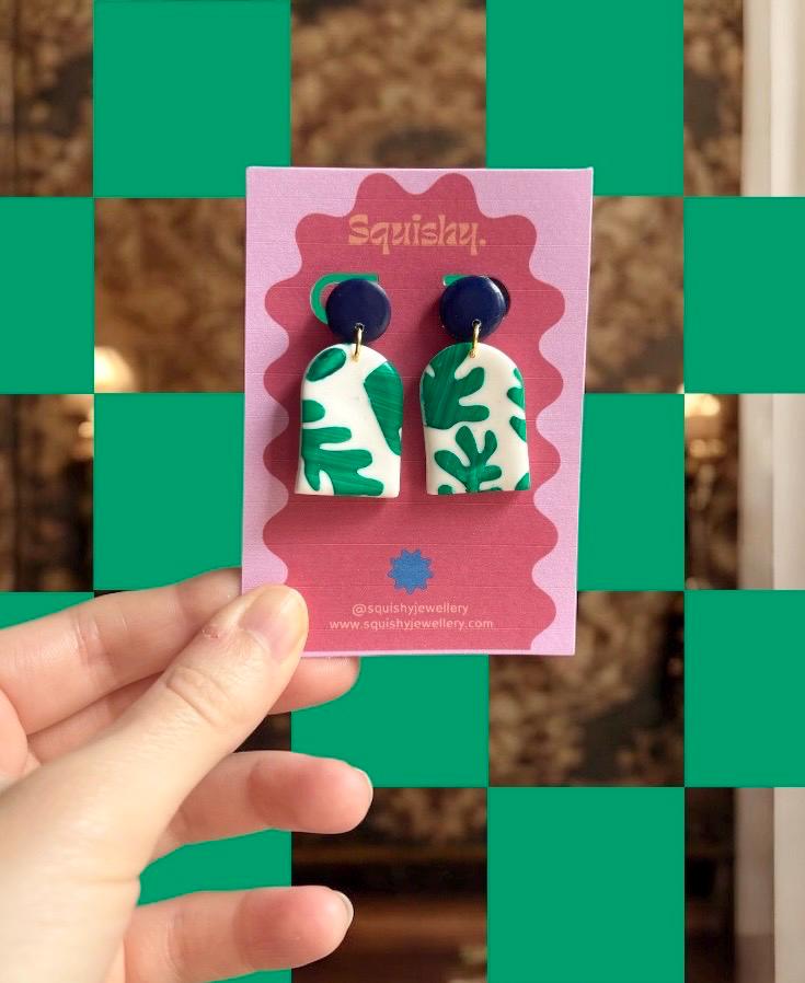 Navy Blue & Green Matisse Inspired Botanical Print Polymer Clay Arch Drop Minimalist Plant Lover Gift For Her Earrings