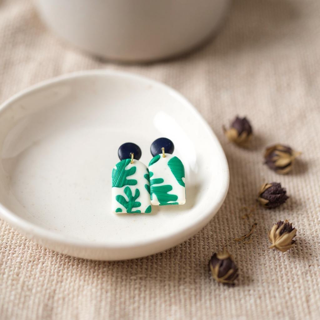 Navy Blue & Green Matisse Inspired Botanical Print Polymer Clay Arch Drop Minimalist Plant Lover Gift For Her Earrings
