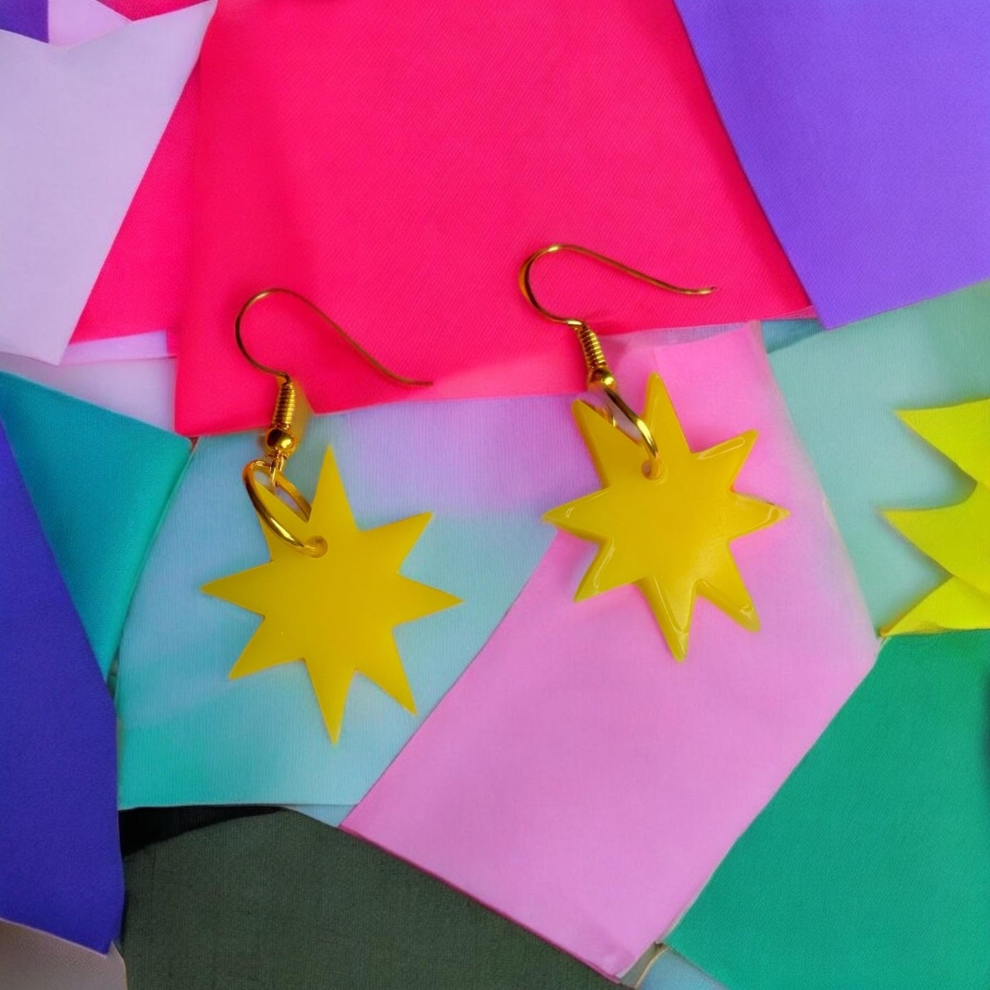 Butter Yellow Star Earrings β Acrylic Statement Jewellery with Gold Hooks Celestial Witchy Whimsygoth Handmade Lightweight Alt Accessories