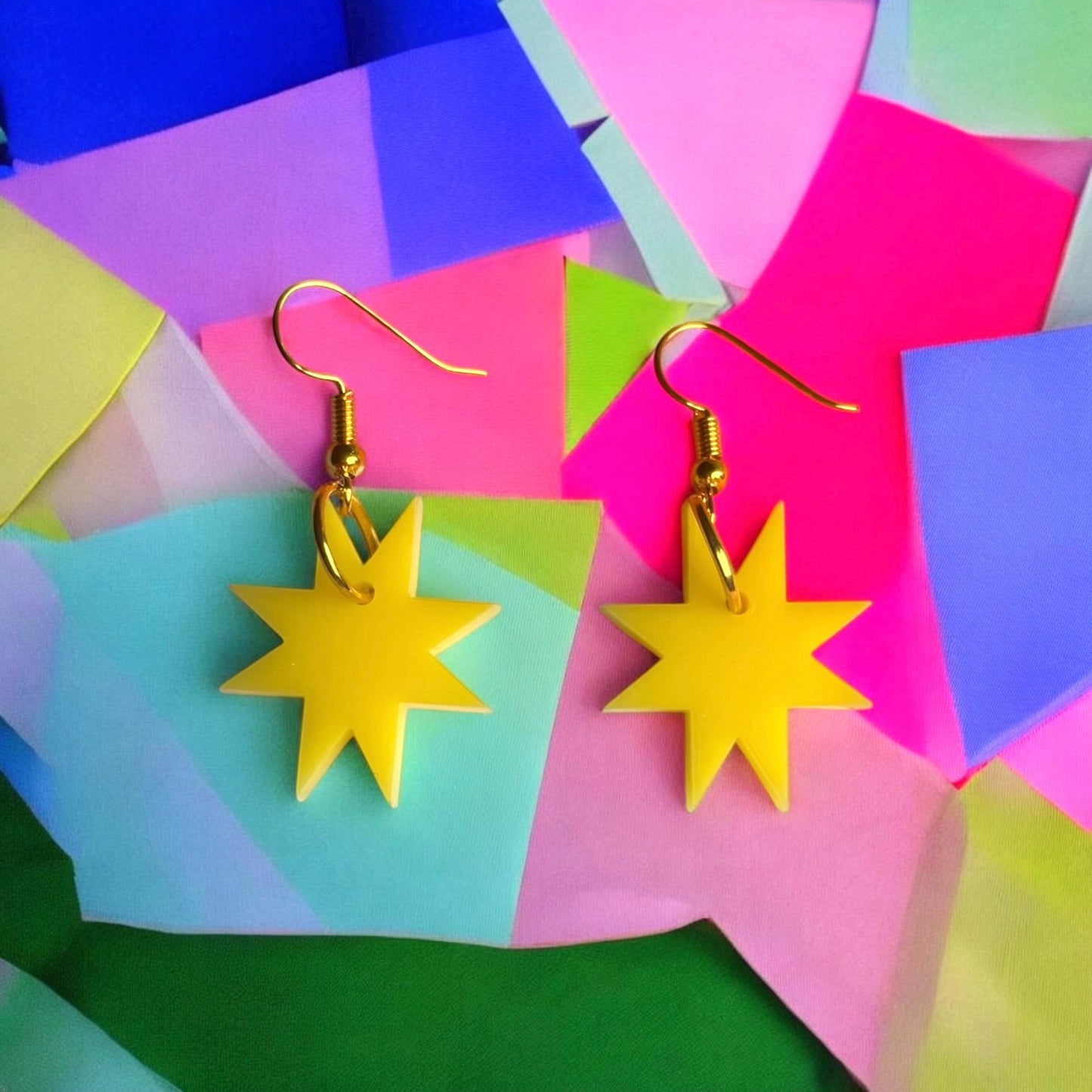Butter Yellow Star Earrings β Acrylic Statement Jewellery with Gold Hooks Celestial Witchy Whimsygoth Handmade Lightweight Alt Accessories