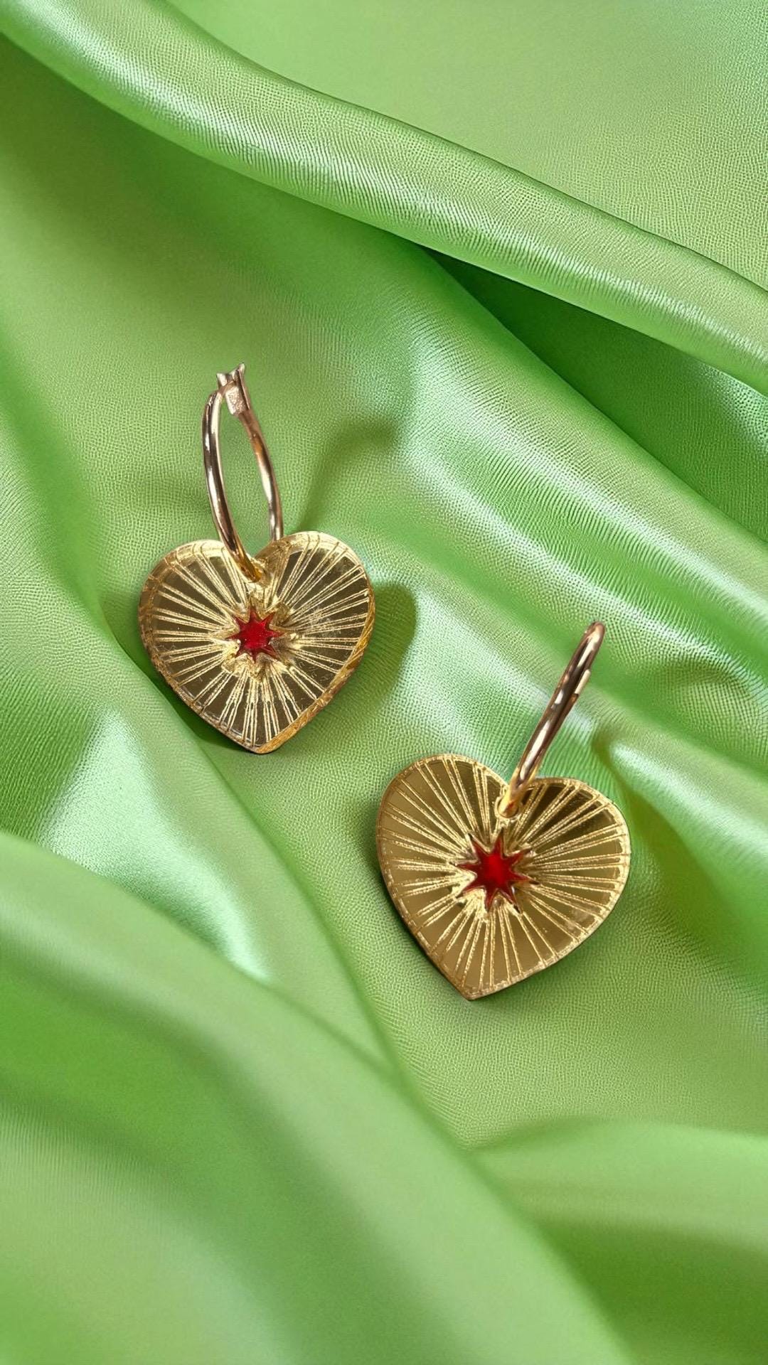Gold Heart Hoop Earrings with Red Star Detail – Statement Charm Hoops, Kawaii, Celestial, Kitsch Lightweight & Bold, Handmade Jewellery UK