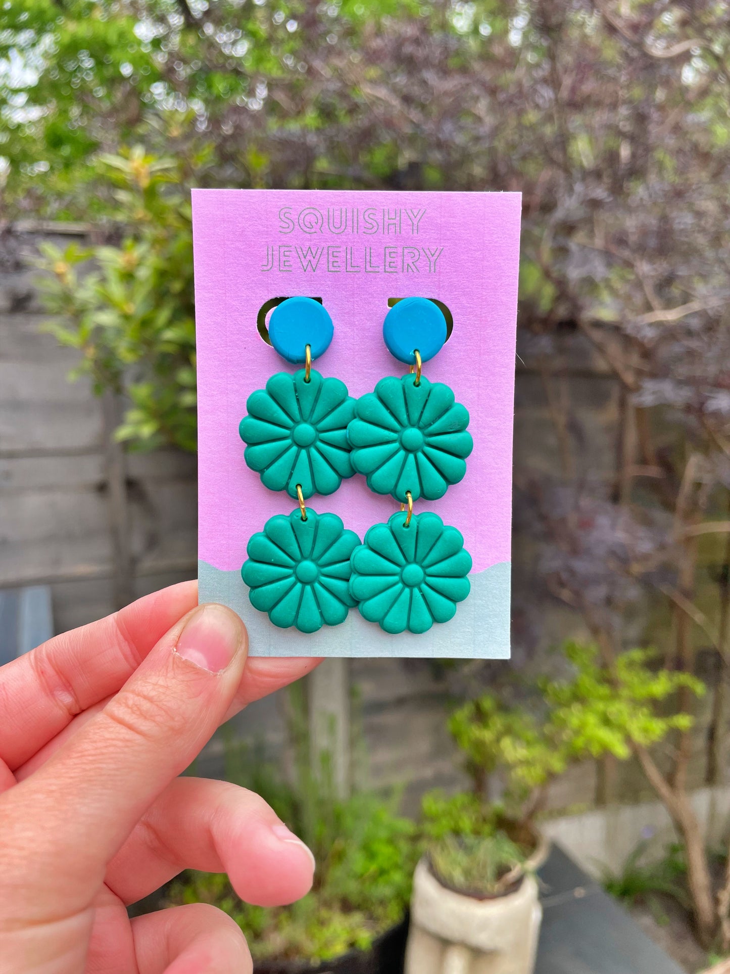 Green & Blue Retro 70's Flower Power Vintage Costume Botanical Polymer Clay Drop Women's Earrings.
