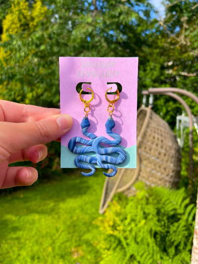 Blue & White Marbled Snake Alternative Huggie Hoop Drop Polymer Clay Womens Adult Earrings