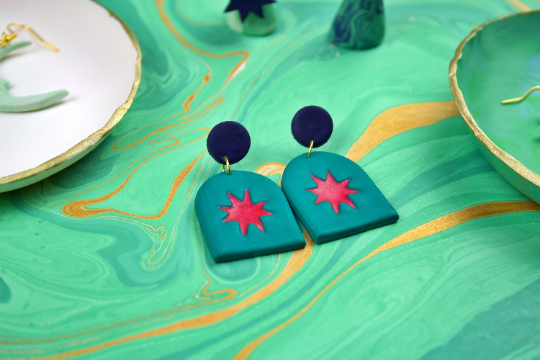 Vintage Inspired Emerald & Navy Star Arch Geometric Polymer Clay Kitsch Women's Earrings.