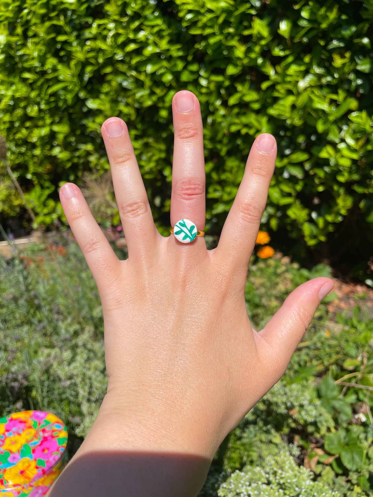White & Green Botanical Porcelain Bone China Print Circle Adjustable Womens Adult Ring
