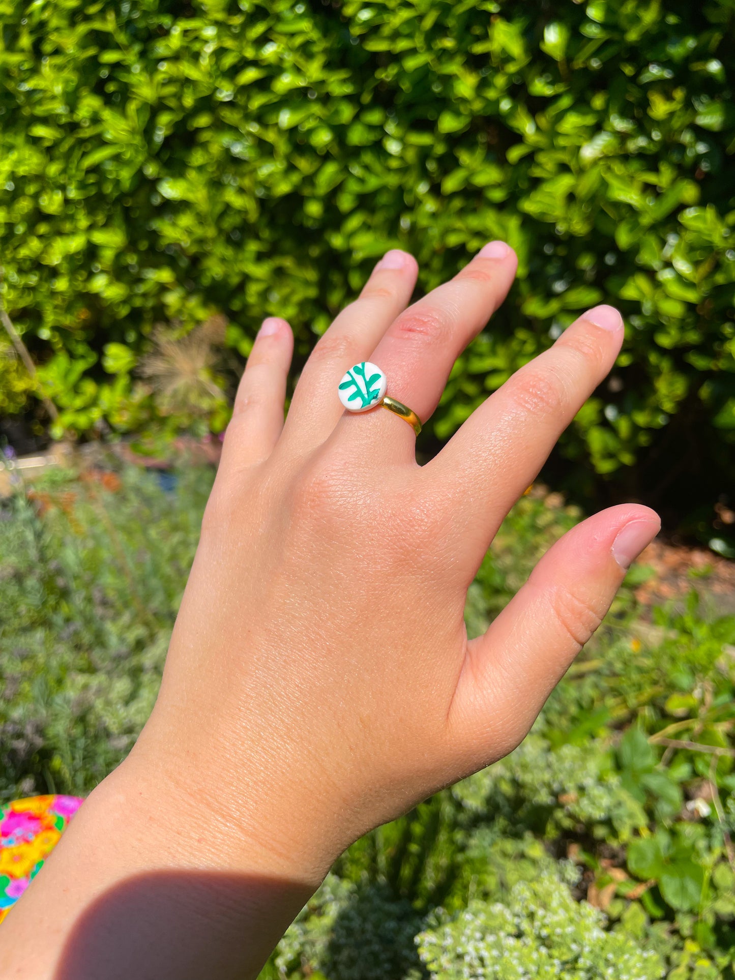 White & Green Botanical Porcelain Bone China Print Circle Adjustable Womens Adult Ring