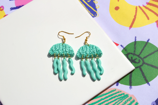 Turquoise Jellyfish Handmade Polymer Clay Kitsch Womens Adult Earrings.