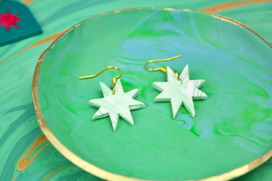 Marbled Mint Green & White Geometric Polymer Clay Star Kitsch Womens Adult Earrings.