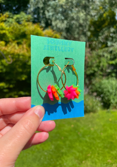 Neon Pink, Green & Orange Sunstar Polymer Clay Summer Gold Plated Polymer Clay Hoop Charm Womens Adult Earrings