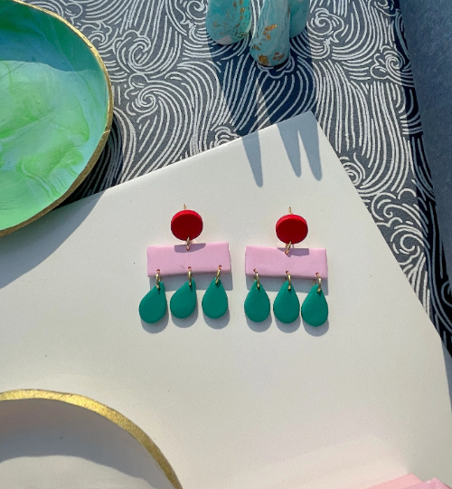 Pink, Green & Red Mid Century Modern 'Raindrop' Memphis Layered Acrylic Women's Earrings.