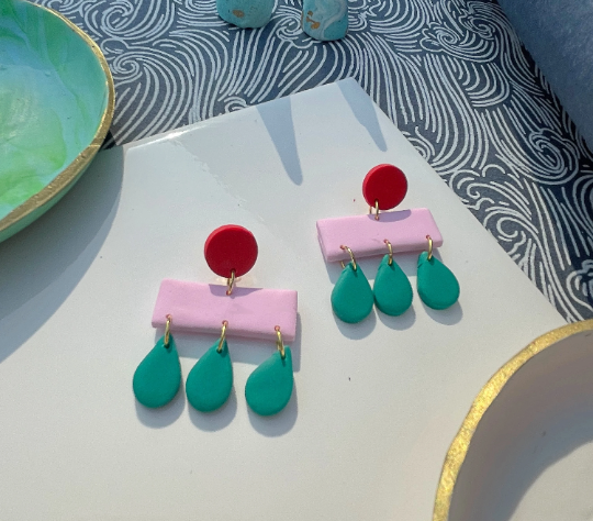 Pink, Green & Red Mid Century Modern 'Raindrop' Memphis Layered Acrylic Women's Earrings.